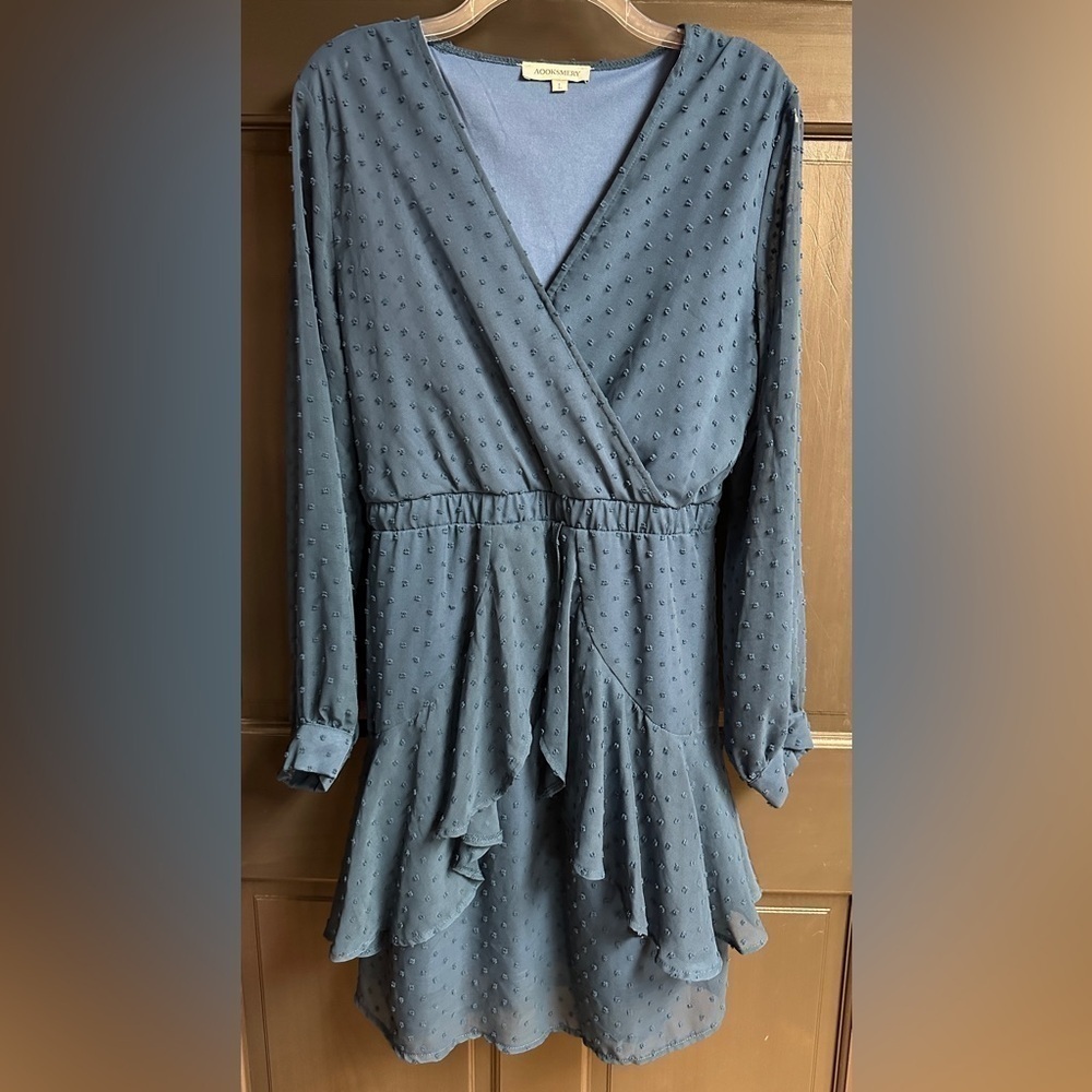 Aooksmery Turquoise Chiffon Polka Dot Tier Ruffle Dress Long Sleeve Women’s Sz L